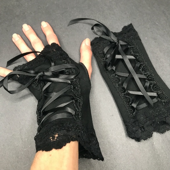 Short Corset Gloves Black Lace Up Wedding Arm Warmers Sleeves Renaissance - Picture 3 of 6